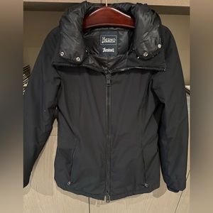 Herno black short down rain coat with a hood